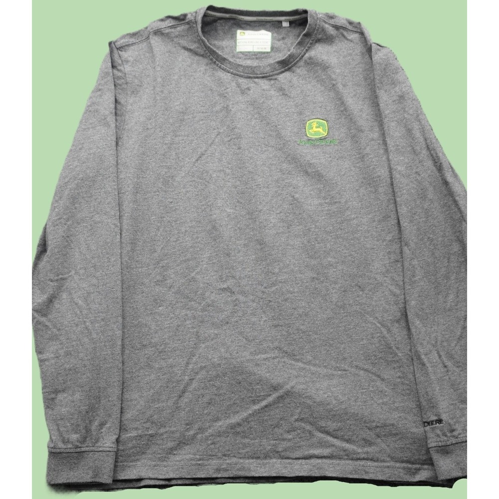 John Deere Long Sleeve T-Shirt Mens Medium Gray Embroidered Deer Logo Tee